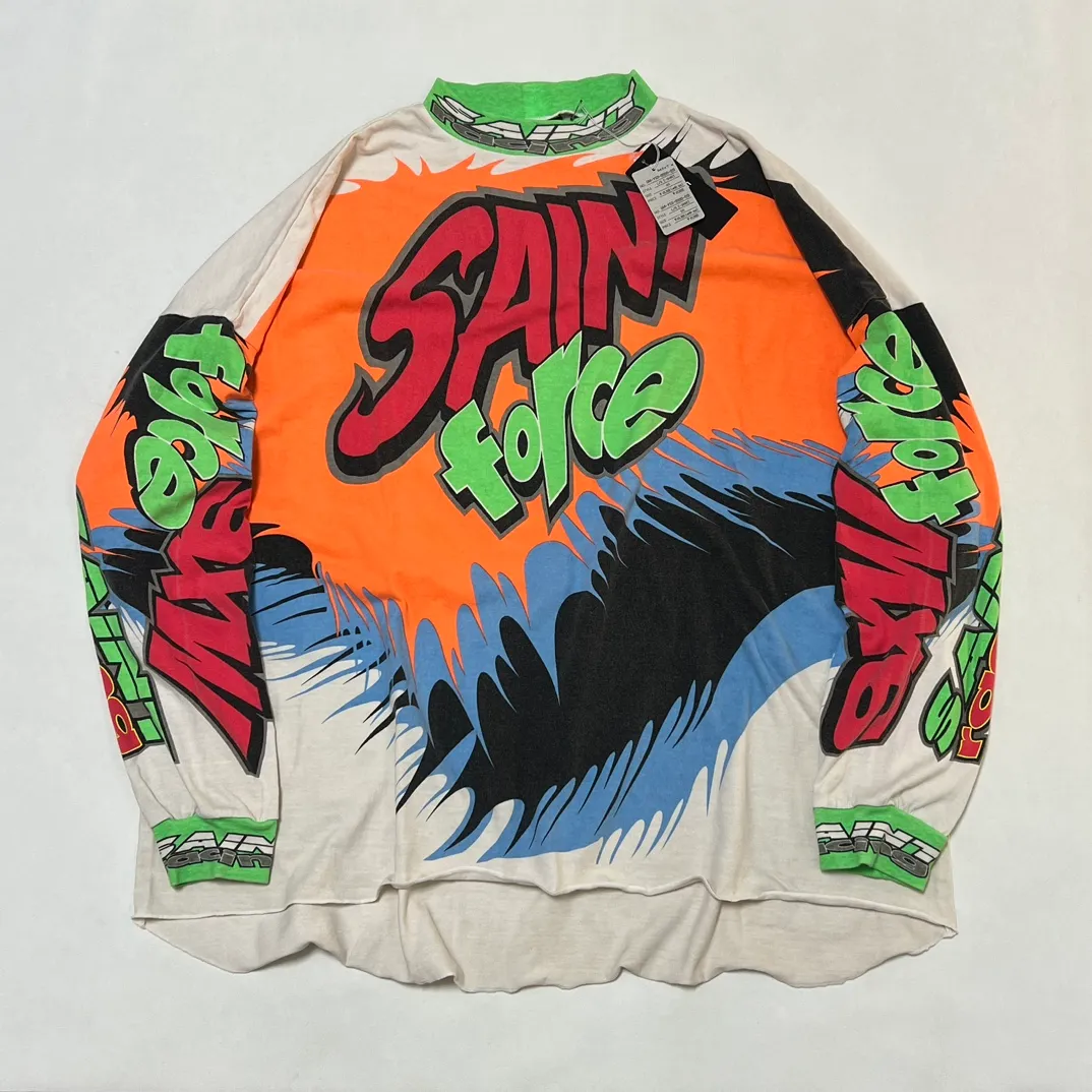 SAINT MICHAEL 24SS SAINT FORCE L/S TEE New Racing Retro Long Sleeve Off-white S-XL Front, left and right sleeves, even ribs are printed. There are more than 30 sets of samples in total. They are extremely complicated and all are oversized screen versions. Ready-made garments are washed and worn with Vintage value.